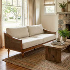 Mid-century Loveseat Sofa with Soft Upholstery, Rattan Armrests & Wooden Legs, 2-Seater Sofa for Living Room, Bedroom, or Apartment-Panipeachy