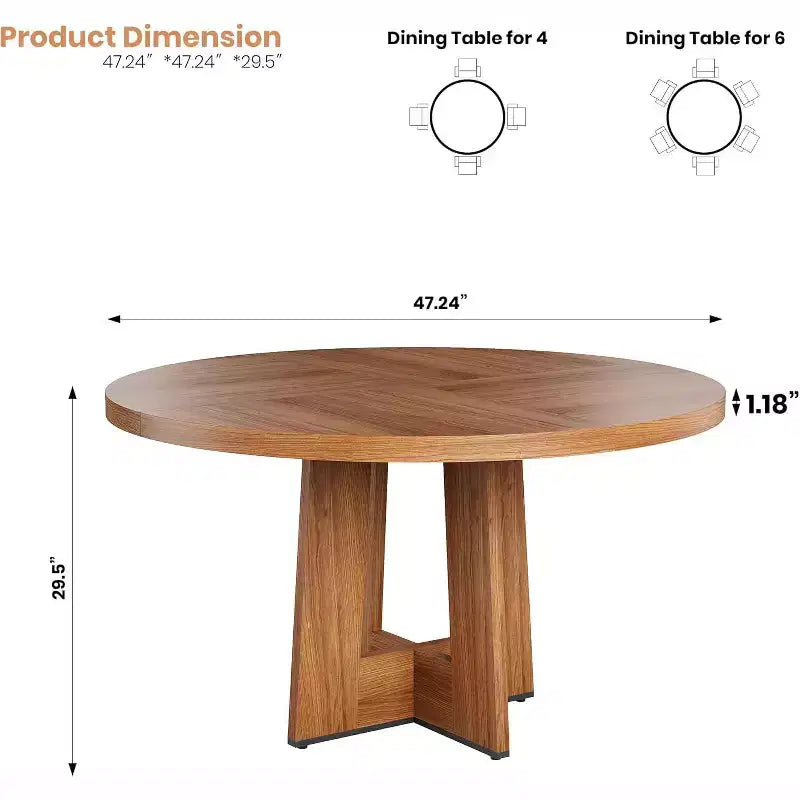 47 Round Dining Table for 4-6 People - Circle Kitchen Dinner Table with Sturdy Pedestal Base, for Living Room, Kitchen, Apartment