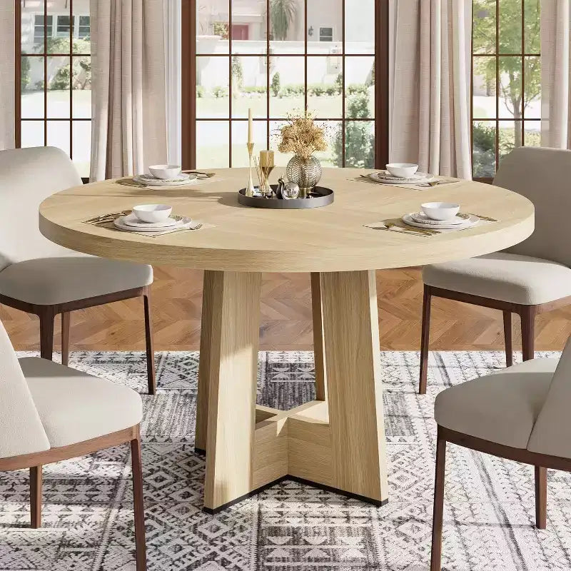 47 Round Dining Table for 4-6 People - Circle Kitchen Dinner Table with Sturdy Pedestal Base, for Living Room, Kitchen, Apartment