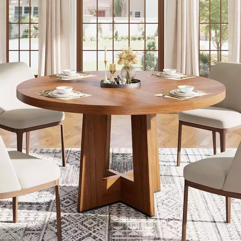 47 Round Dining Table for 4-6 People - Circle Kitchen Dinner Table with Sturdy Pedestal Base, for Living Room, Kitchen, Apartment