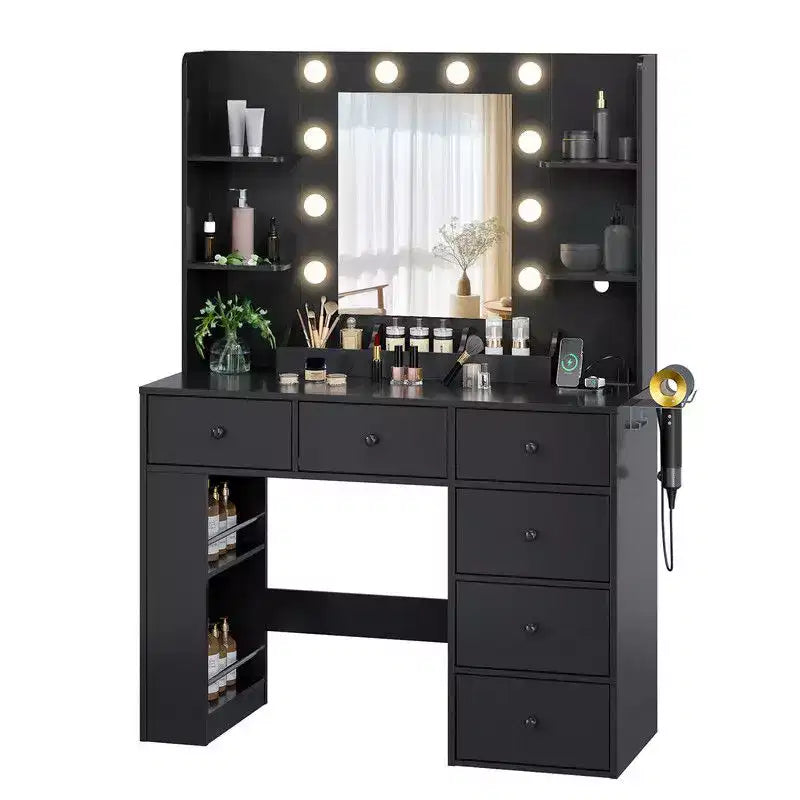 White Particle Board Veneered with Textured Melamine, 6-drawer 3-compartment Double-layer Side Rack, Side Panel Storage Style Dressing Table
