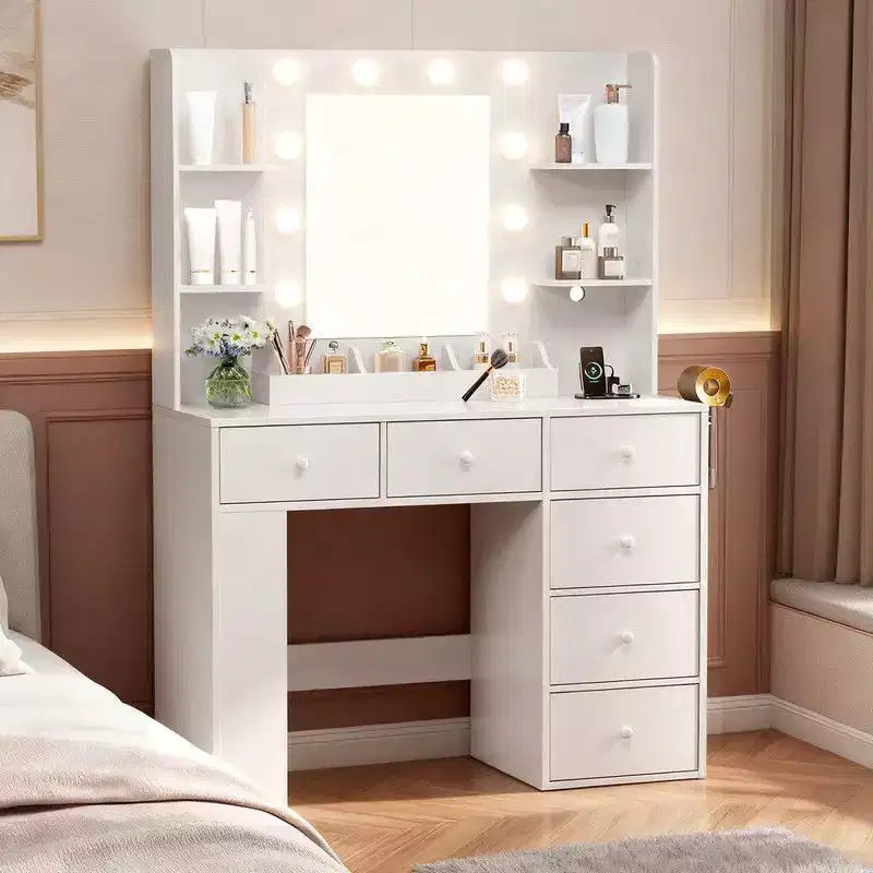 White Particle Board Veneered with Textured Melamine, 6-drawer 3-compartment Double-layer Side Rack, Side Panel Storage Style Dressing Table