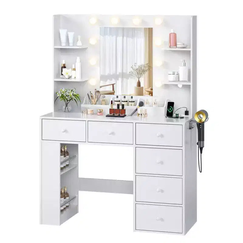 White Particle Board Veneered with Textured Melamine, 6-drawer 3-compartment Double-layer Side Rack, Side Panel Storage Style Dressing Table