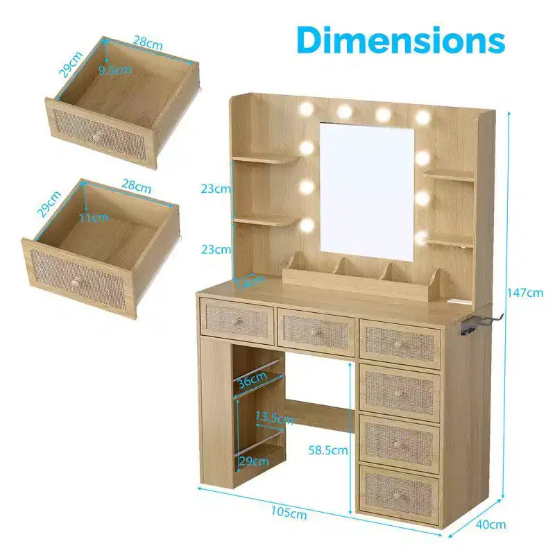 White Particle Board Veneered with Textured Melamine, 6-drawer 3-compartment Double-layer Side Rack, Side Panel Storage Style Dressing Table