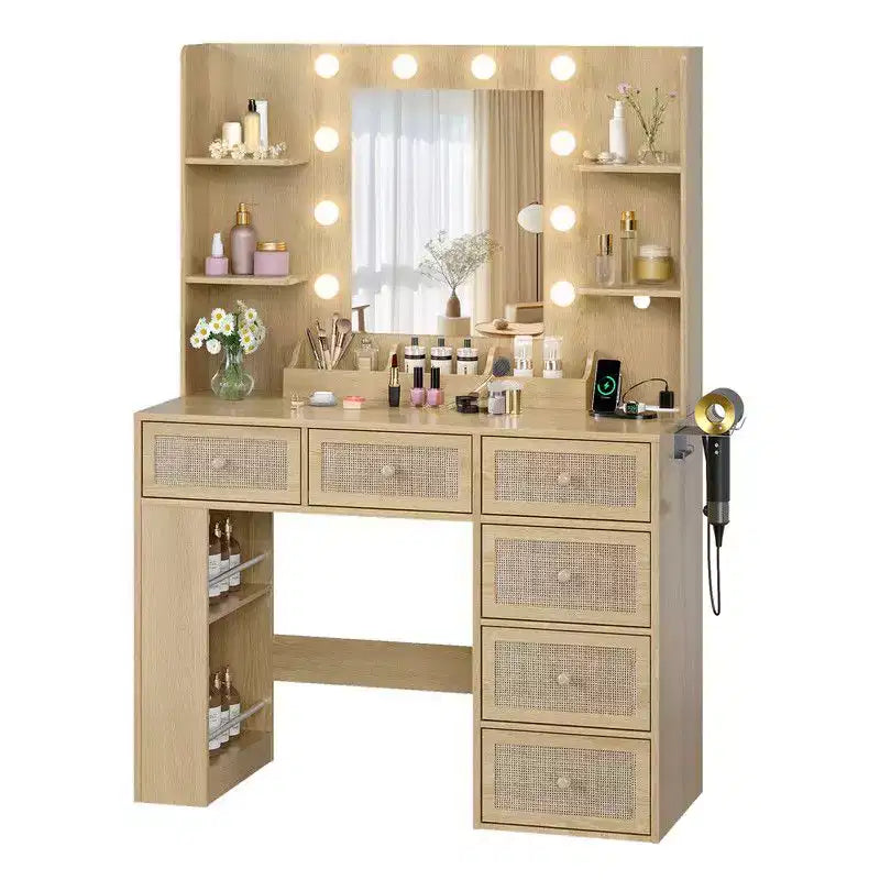 White Particle Board Veneered with Textured Melamine, 6-drawer 3-compartment Double-layer Side Rack, Side Panel Storage Style Dressing Table