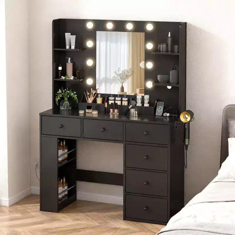 White Particle Board Veneered with Textured Melamine, 6-drawer 3-compartment Double-layer Side Rack, Side Panel Storage Style Dressing Table