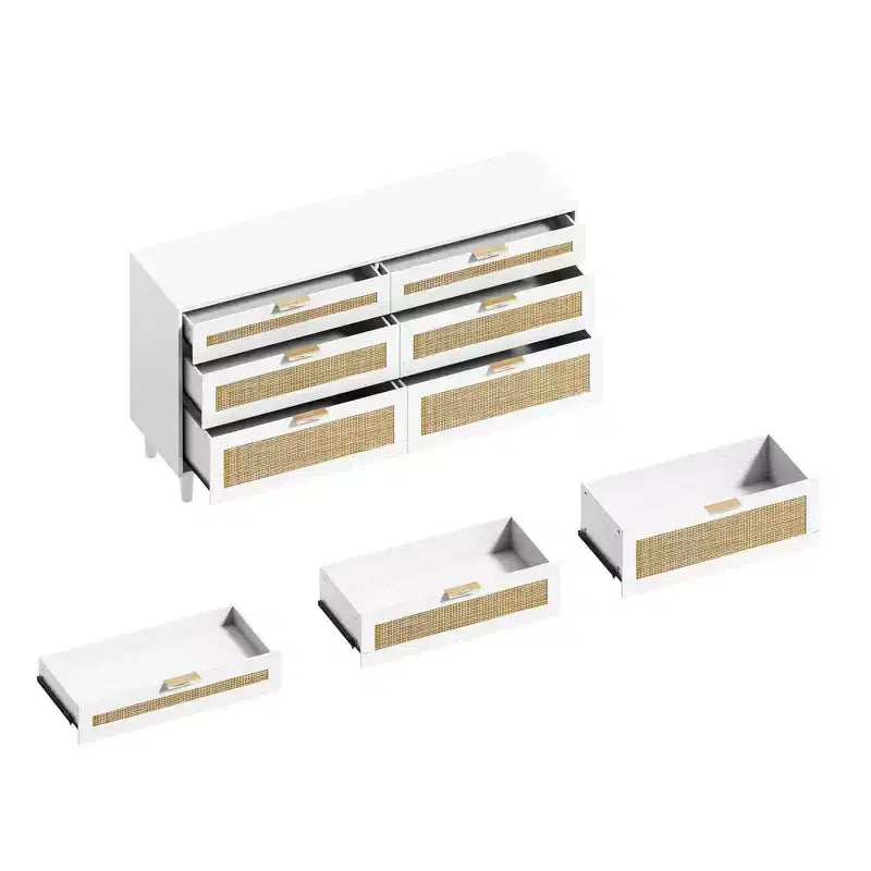 MAYEERTY 59 Rattan Storage Cabinet with 6 Drawers Metal Handle & Wood Legs for Living Room Bedroom White