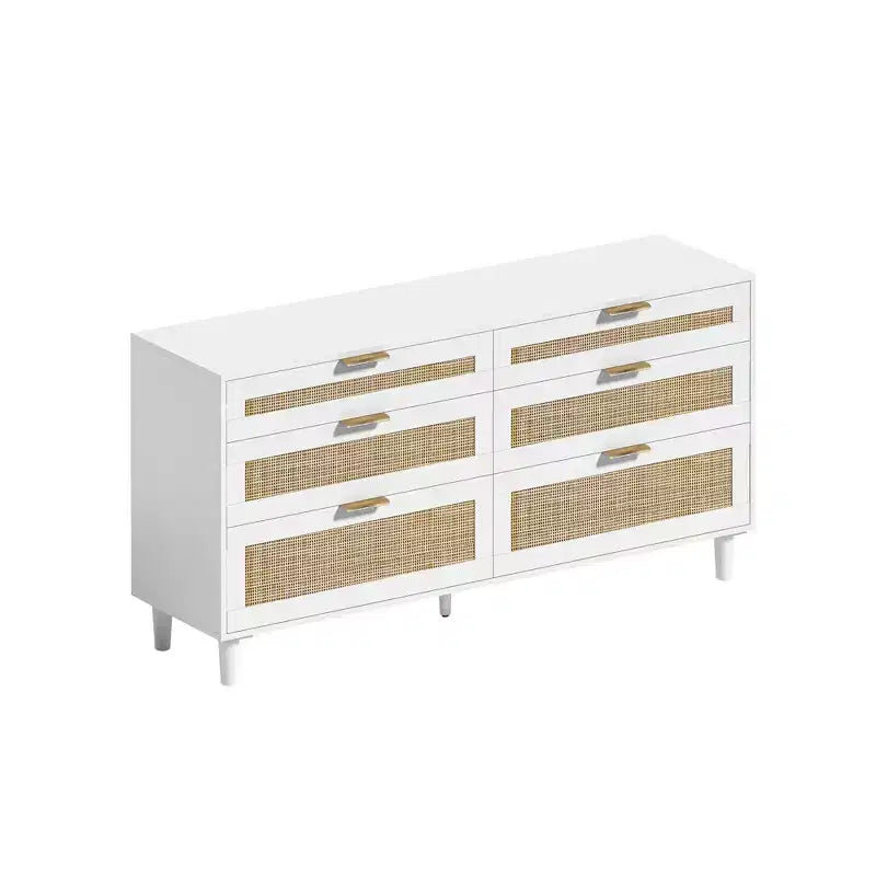 MAYEERTY 59 Rattan Storage Cabinet with 6 Drawers Metal Handle & Wood Legs for Living Room Bedroom White