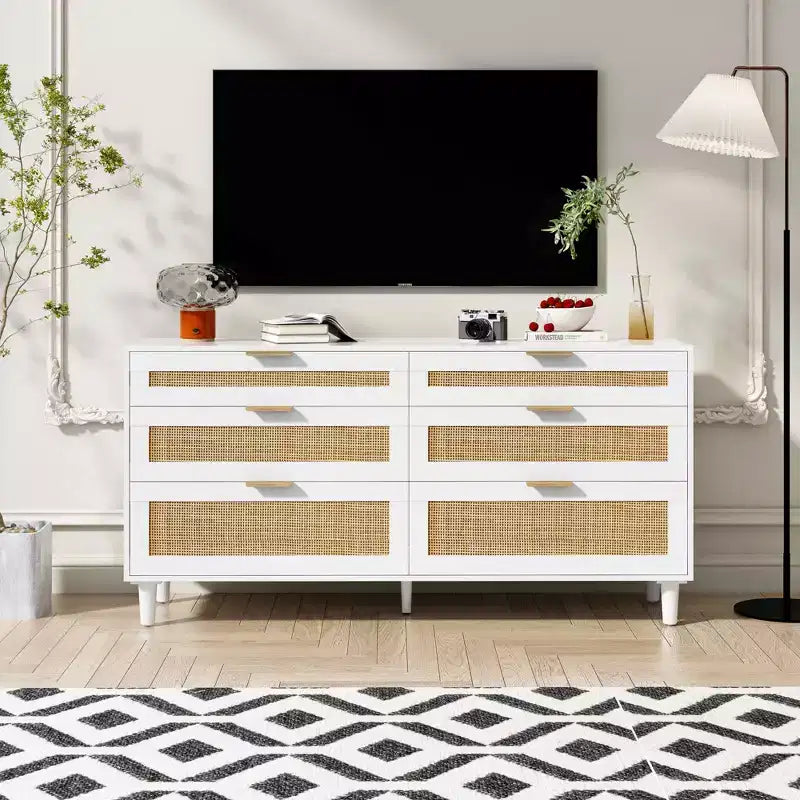 MAYEERTY 59 Rattan Storage Cabinet with 6 Drawers Metal Handle & Wood Legs for Living Room Bedroom White
