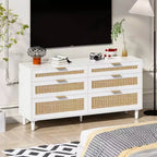 MAYEERTY 59 Rattan Storage Cabinet with 6 Drawers Metal Handle & Wood Legs for Living Room Bedroom White