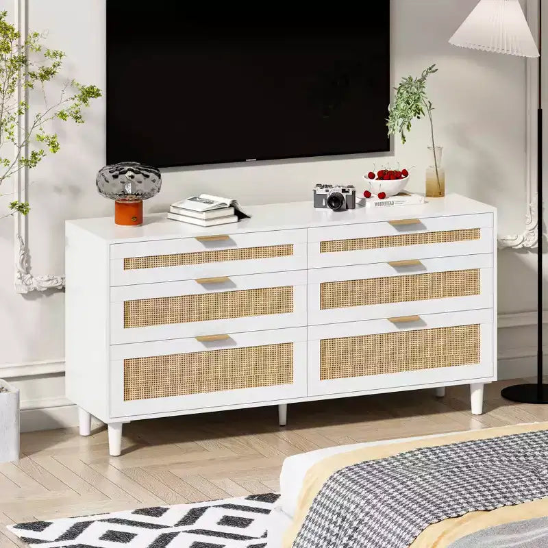 MAYEERTY 59 Rattan Storage Cabinet with 6 Drawers Metal Handle & Wood Legs for Living Room Bedroom White