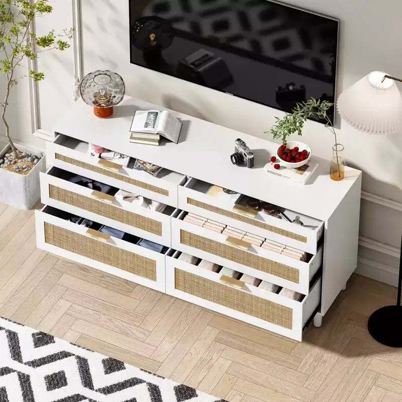 MAYEERTY 59 Rattan Storage Cabinet with 6 Drawers Metal Handle & Wood Legs for Living Room Bedroom White
