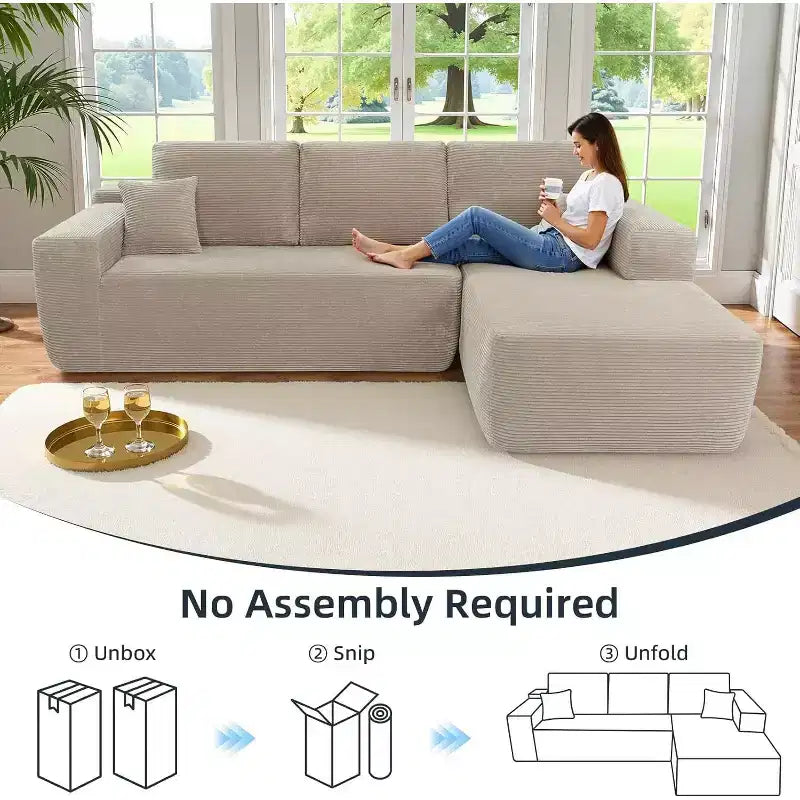 MooxvMoo Comfy Corduroy L Shaped Couch with Chaise,105 Modular Sectional Sofa with Throw Pillow & Deep Seat,No Assembly Required,Camel