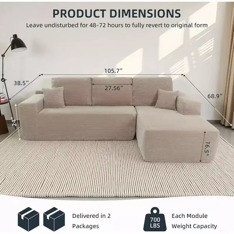 MooxvMoo Comfy Corduroy L Shaped Couch with Chaise,105 Modular Sectional Sofa with Throw Pillow & Deep Seat,No Assembly Required,Camel