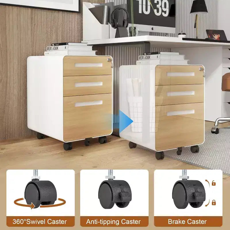 3 Drawer Mobile File Cabinet with Lock 5 Wheel Anti Tilt for A4 Letter Legal Size Under Desk, Fully Assembled