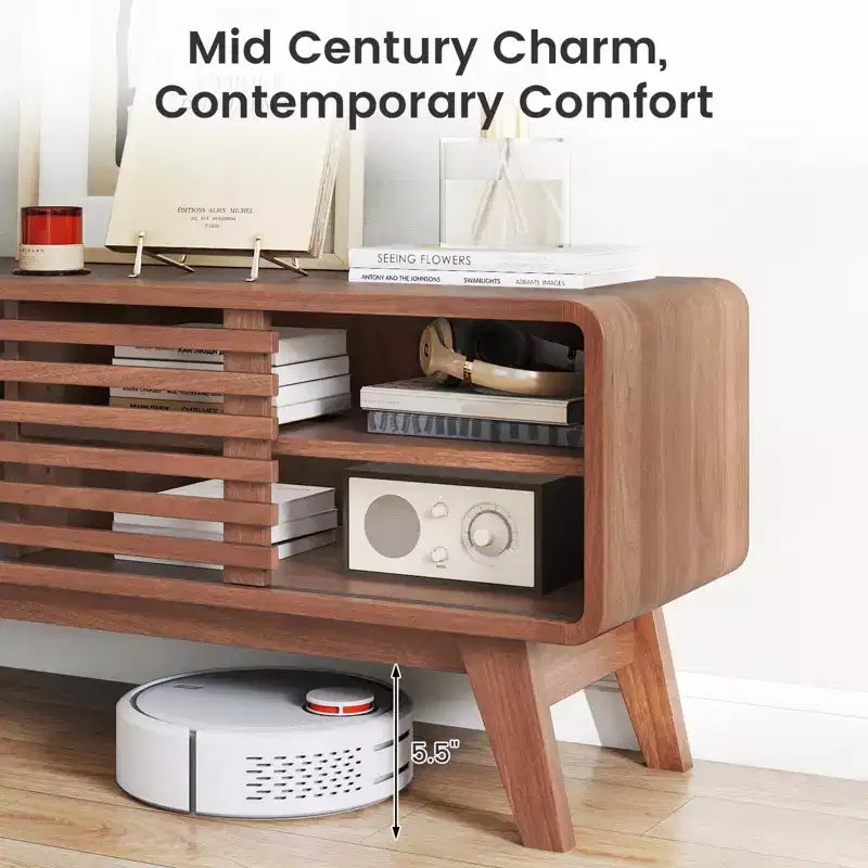Costway TV Stand w/Sliding Door Adjustable Shelves & Rubber Wood Legs for TVs up to 55''