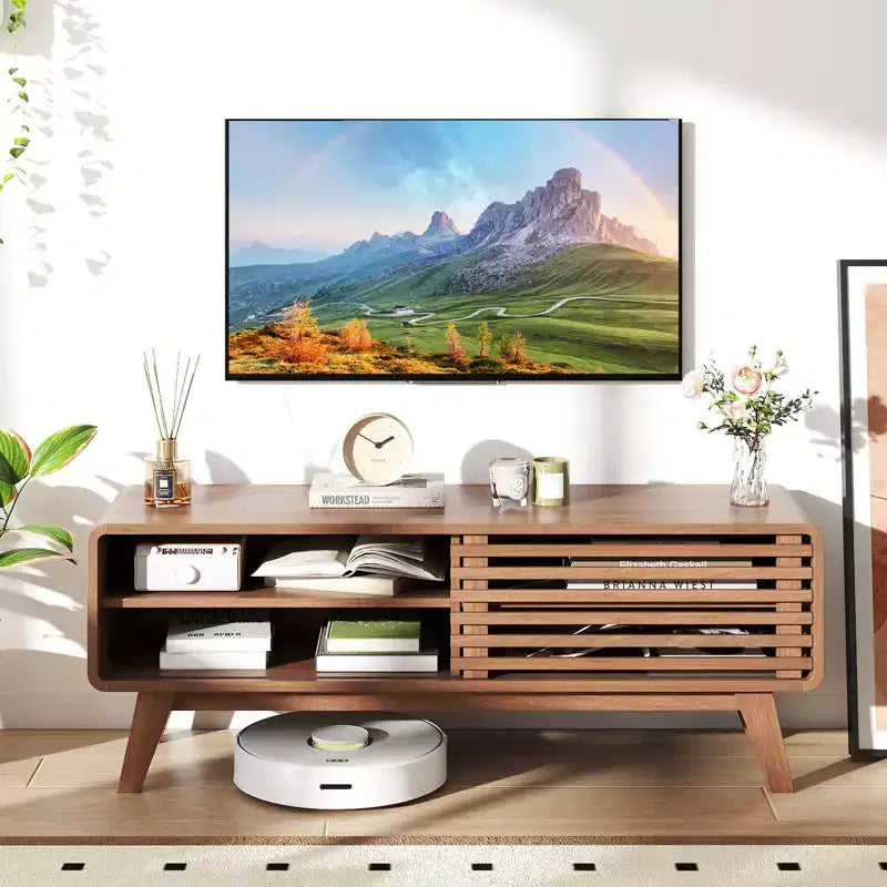 Costway TV Stand w/Sliding Door Adjustable Shelves & Rubber Wood Legs for TVs up to 55''