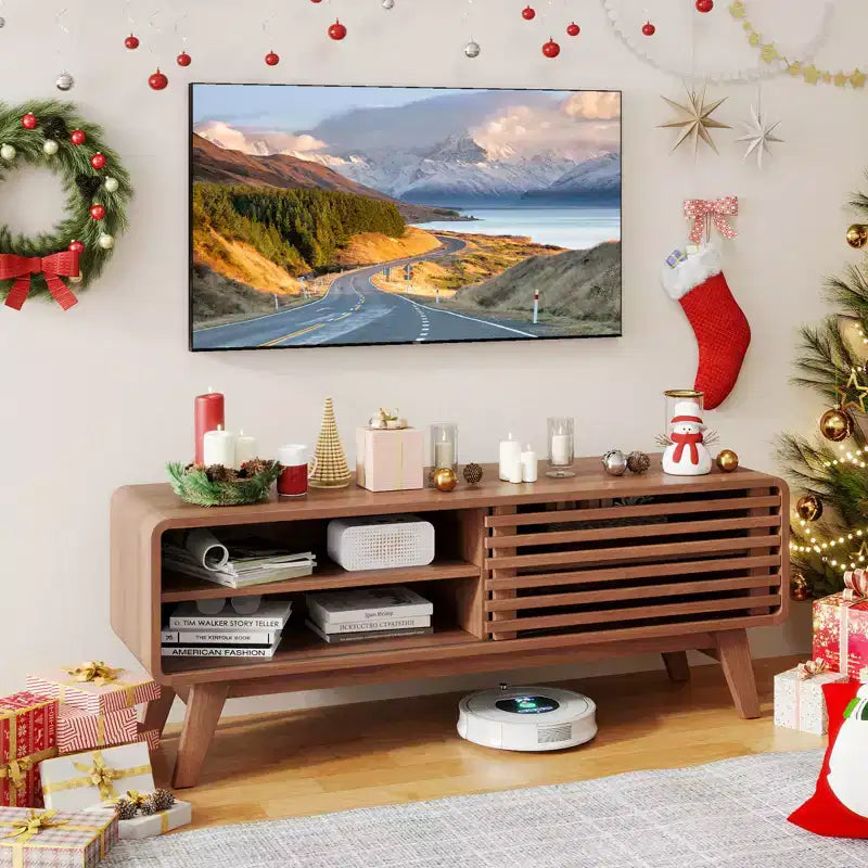 Costway TV Stand w/Sliding Door Adjustable Shelves & Rubber Wood Legs for TVs up to 55''