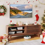 Costway TV Stand w/Sliding Door Adjustable Shelves & Rubber Wood Legs for TVs up to 55''