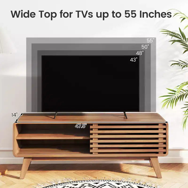 Costway TV Stand w/Sliding Door Adjustable Shelves & Rubber Wood Legs for TVs up to 55''