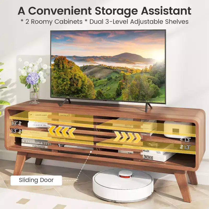 Costway TV Stand w/Sliding Door Adjustable Shelves & Rubber Wood Legs for TVs up to 55''