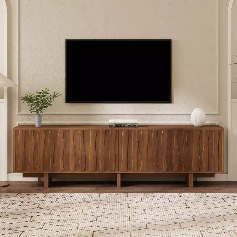 Meuble TV moderne 70" en grain de bois avec rangement, meuble TV pour téléviseurs jusqu'à 75", console média rustique pour salon-Panipeachy