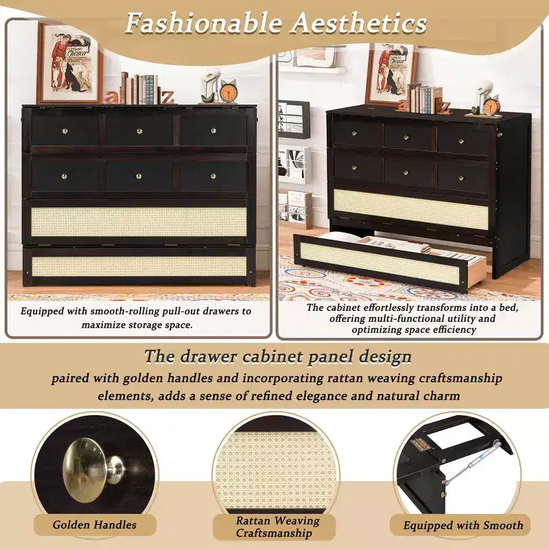 Full Murphy Bed Cabinet Bed, Full Size Murphy Bed with Storage Drawers, Wood Full Wall Bed Rattan Chest Murphy Bed Frame