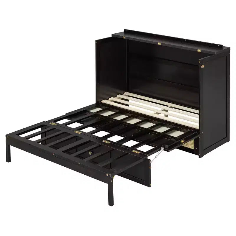 Full Murphy Bed Cabinet Bed, Full Size Murphy Bed with Storage Drawers, Wood Full Wall Bed Rattan Chest Murphy Bed Frame