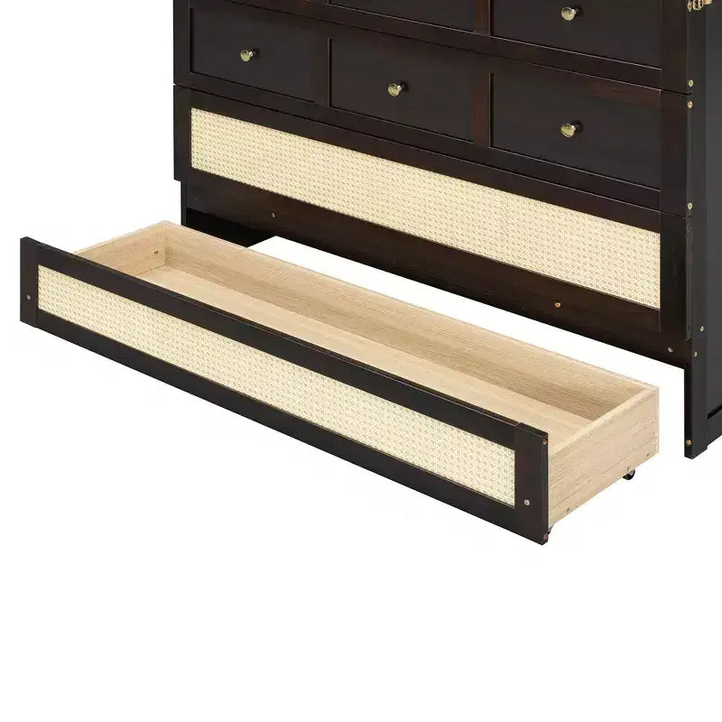Full Murphy Bed Cabinet Bed, Full Size Murphy Bed with Storage Drawers, Wood Full Wall Bed Rattan Chest Murphy Bed Frame