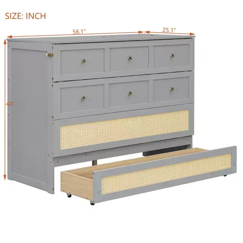 Full Murphy Bed Cabinet Bed, Full Size Murphy Bed with Storage Drawers, Wood Full Wall Bed Rattan Chest Murphy Bed Frame