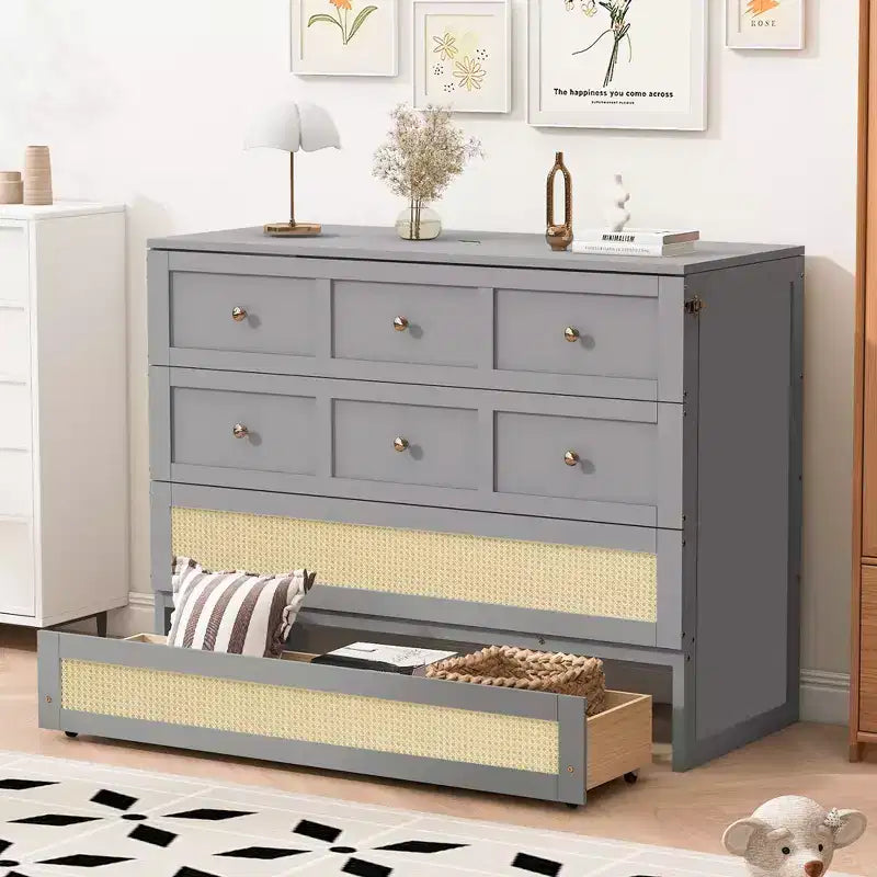 Full Murphy Bed Cabinet Bed, Full Size Murphy Bed with Storage Drawers, Wood Full Wall Bed Rattan Chest Murphy Bed Frame