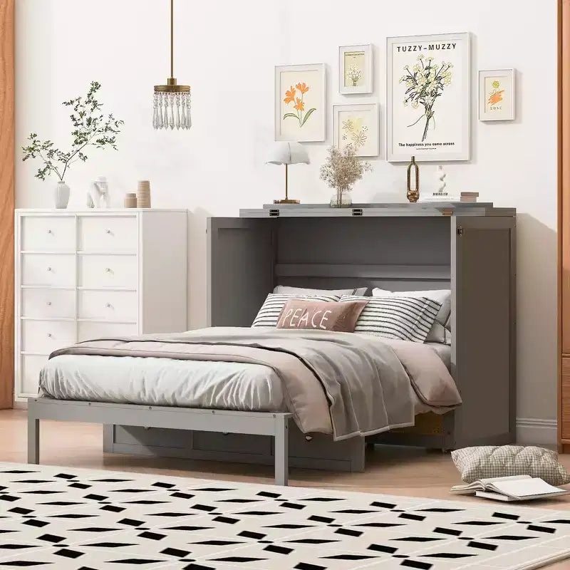 Full Murphy Bed Cabinet Bed, Full Size Murphy Bed with Storage Drawers, Wood Full Wall Bed Rattan Chest Murphy Bed Frame