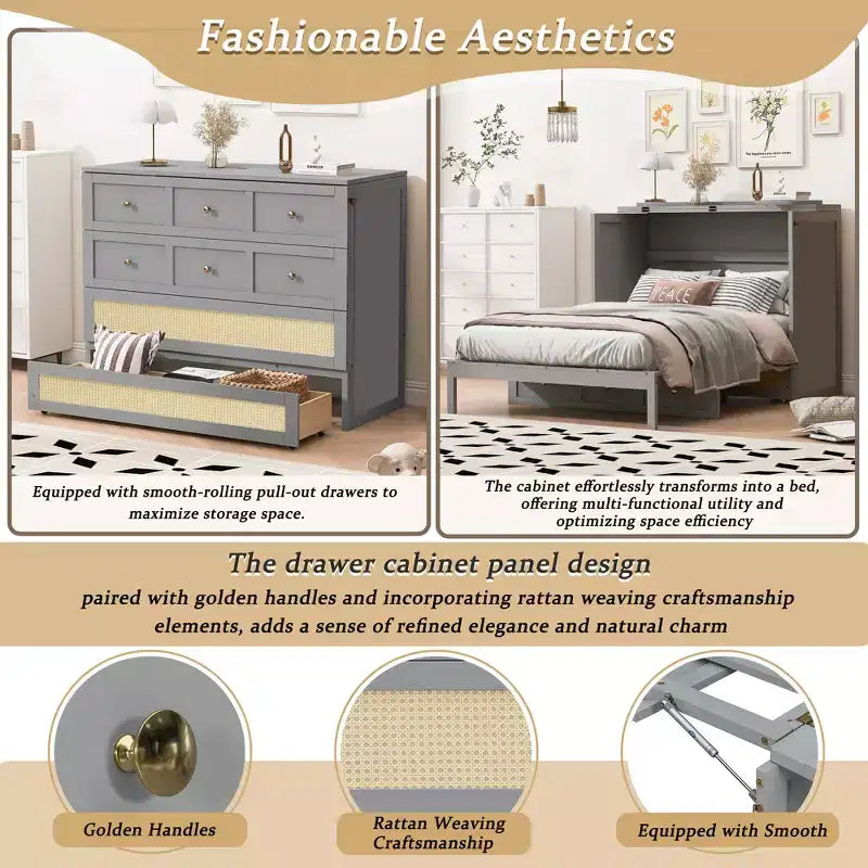 Full Murphy Bed Cabinet Bed, Full Size Murphy Bed with Storage Drawers, Wood Full Wall Bed Rattan Chest Murphy Bed Frame