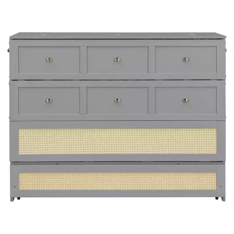 Full Murphy Bed Cabinet Bed, Full Size Murphy Bed with Storage Drawers, Wood Full Wall Bed Rattan Chest Murphy Bed Frame
