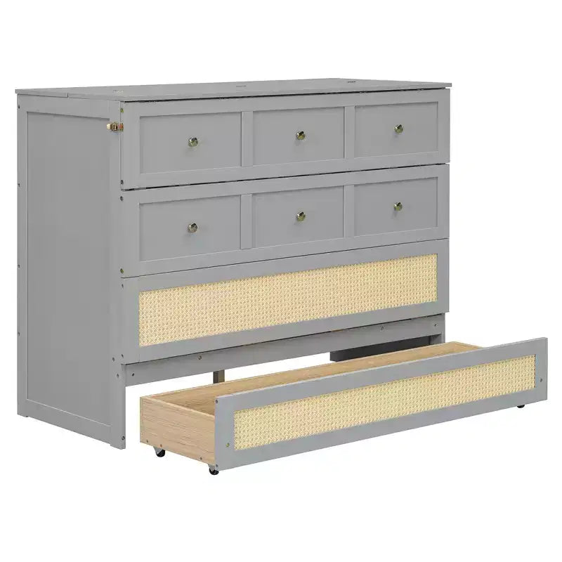Full Murphy Bed Cabinet Bed, Full Size Murphy Bed with Storage Drawers, Wood Full Wall Bed Rattan Chest Murphy Bed Frame