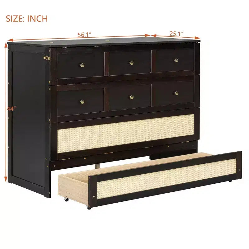 Full Murphy Bed Cabinet Bed, Full Size Murphy Bed with Storage Drawers, Wood Full Wall Bed Rattan Chest Murphy Bed Frame