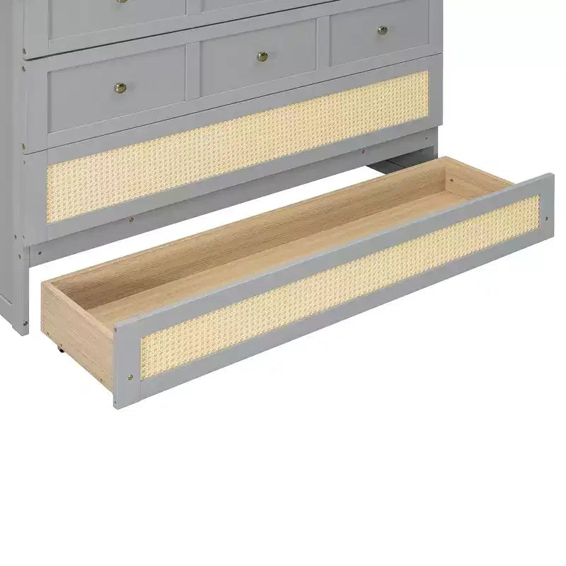 Full Murphy Bed Cabinet Bed, Full Size Murphy Bed with Storage Drawers, Wood Full Wall Bed Rattan Chest Murphy Bed Frame