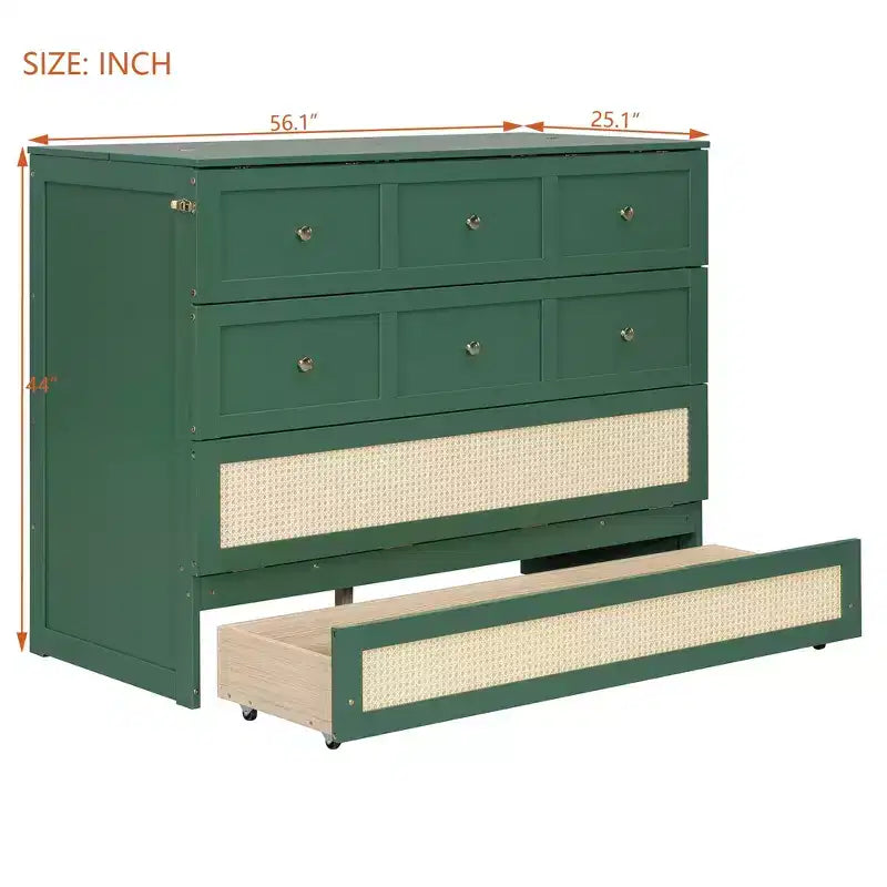 Full Murphy Bed Cabinet Bed, Full Size Murphy Bed with Storage Drawers, Wood Full Wall Bed Rattan Chest Murphy Bed Frame