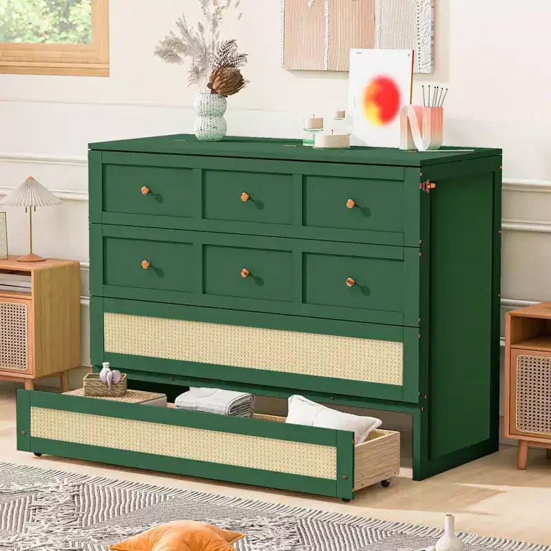 Full Murphy Bed Cabinet Bed, Full Size Murphy Bed with Storage Drawers, Wood Full Wall Bed Rattan Chest Murphy Bed Frame