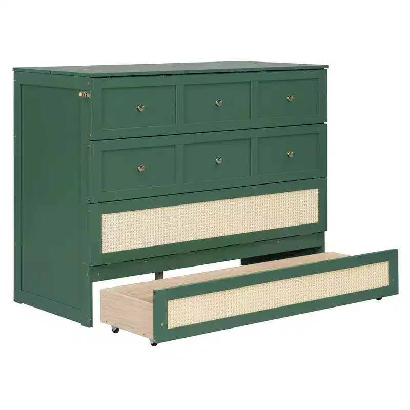 Full Murphy Bed Cabinet Bed, Full Size Murphy Bed with Storage Drawers, Wood Full Wall Bed Rattan Chest Murphy Bed Frame