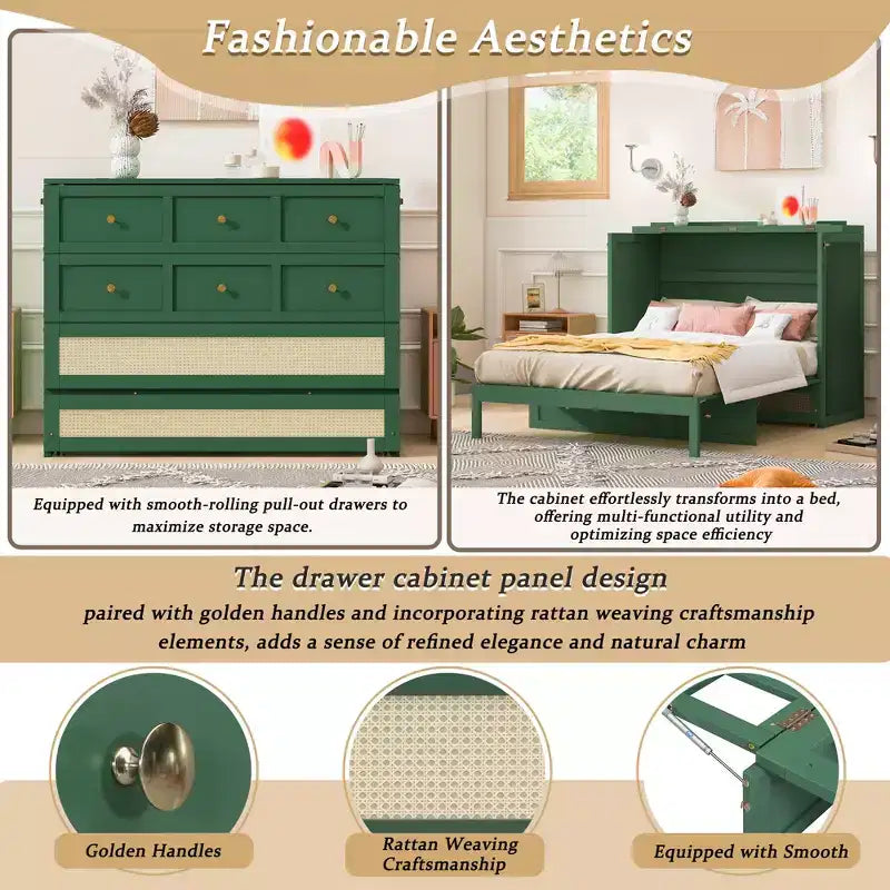 Full Murphy Bed Cabinet Bed, Full Size Murphy Bed with Storage Drawers, Wood Full Wall Bed Rattan Chest Murphy Bed Frame