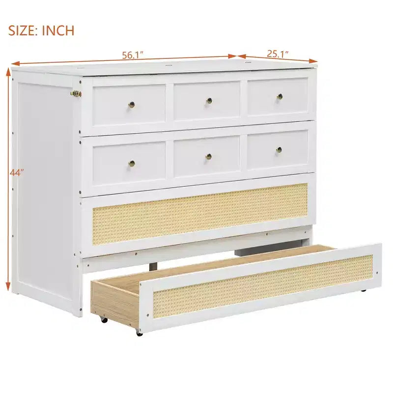 Full Murphy Bed Cabinet Bed, Full Size Murphy Bed with Storage Drawers, Wood Full Wall Bed Rattan Chest Murphy Bed Frame