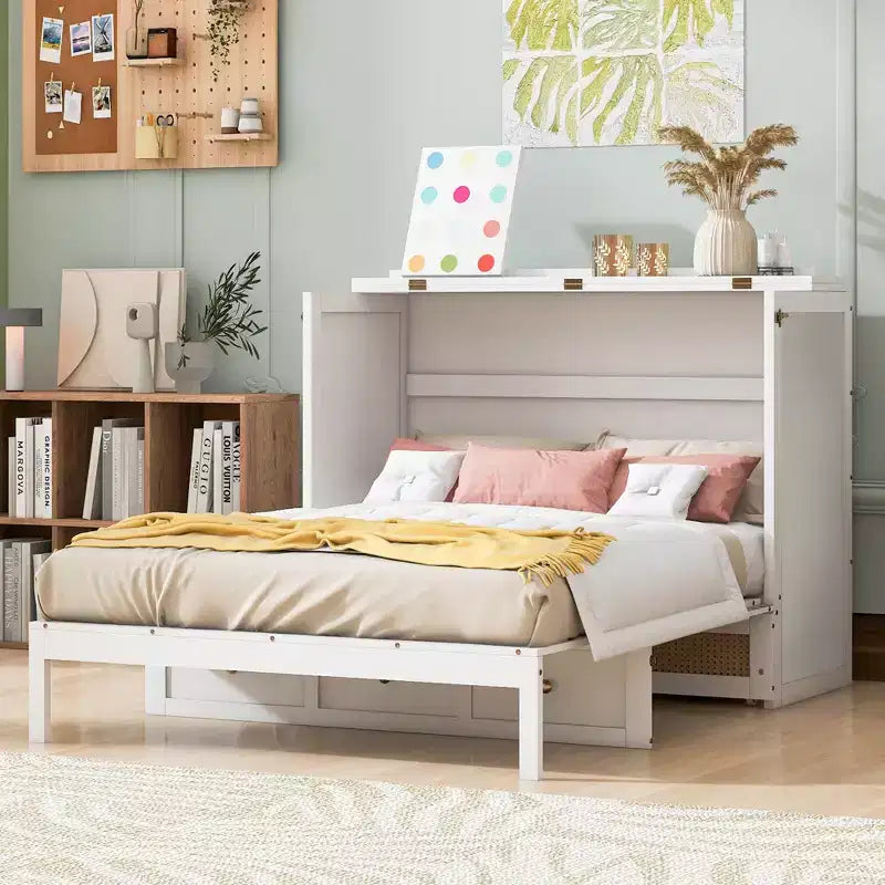 Full Murphy Bed Cabinet Bed, Full Size Murphy Bed with Storage Drawers, Wood Full Wall Bed Rattan Chest Murphy Bed Frame