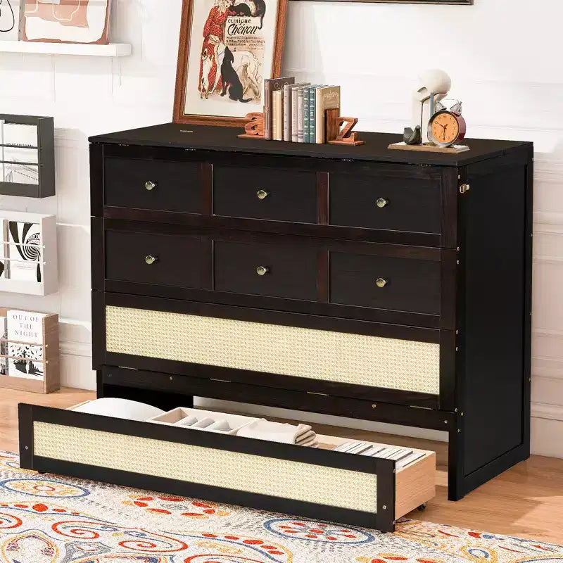 Full Murphy Bed Cabinet Bed, Full Size Murphy Bed with Storage Drawers, Wood Full Wall Bed Rattan Chest Murphy Bed Frame