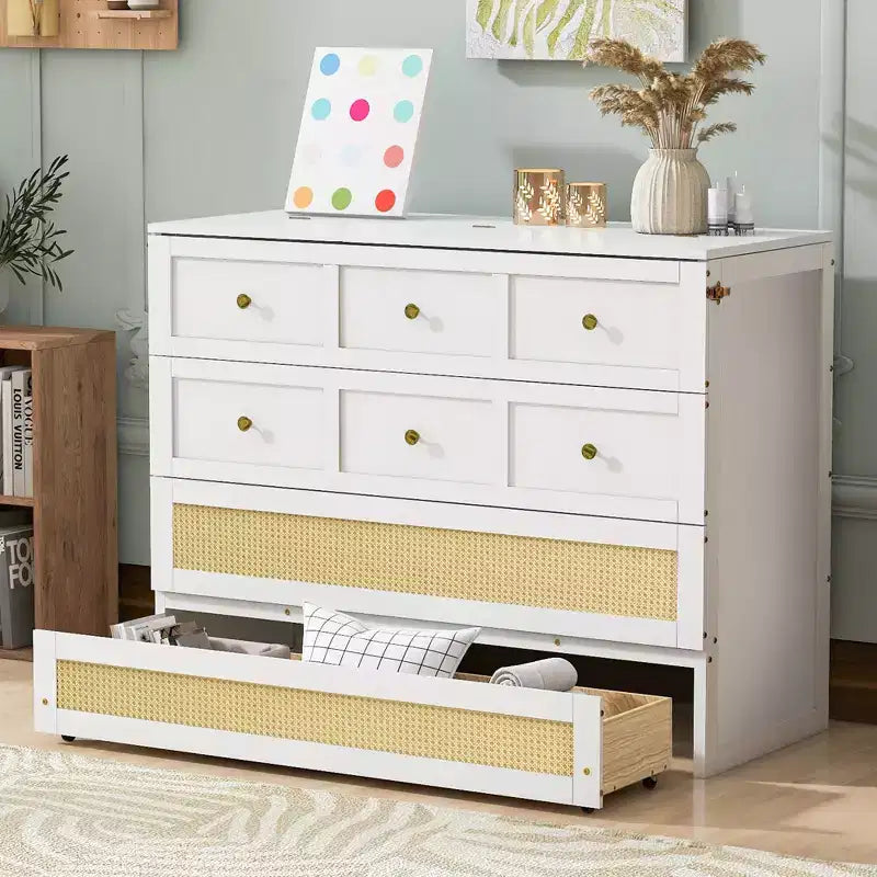 Full Murphy Bed Cabinet Bed, Full Size Murphy Bed with Storage Drawers, Wood Full Wall Bed Rattan Chest Murphy Bed Frame
