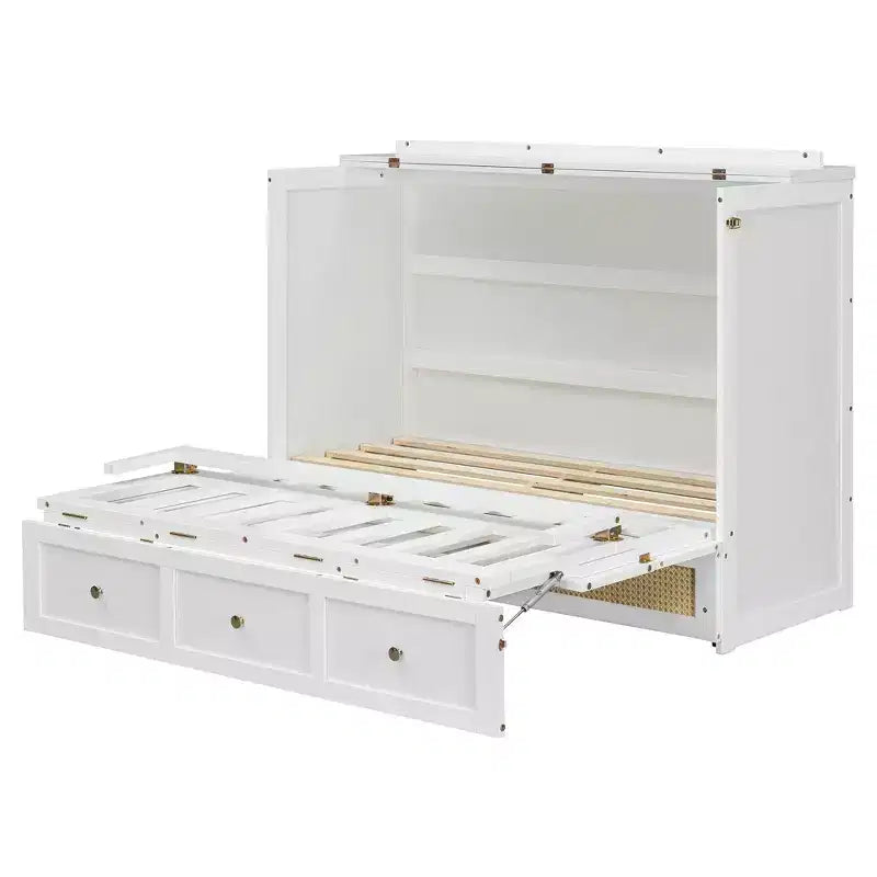 Full Murphy Bed Cabinet Bed, Full Size Murphy Bed with Storage Drawers, Wood Full Wall Bed Rattan Chest Murphy Bed Frame