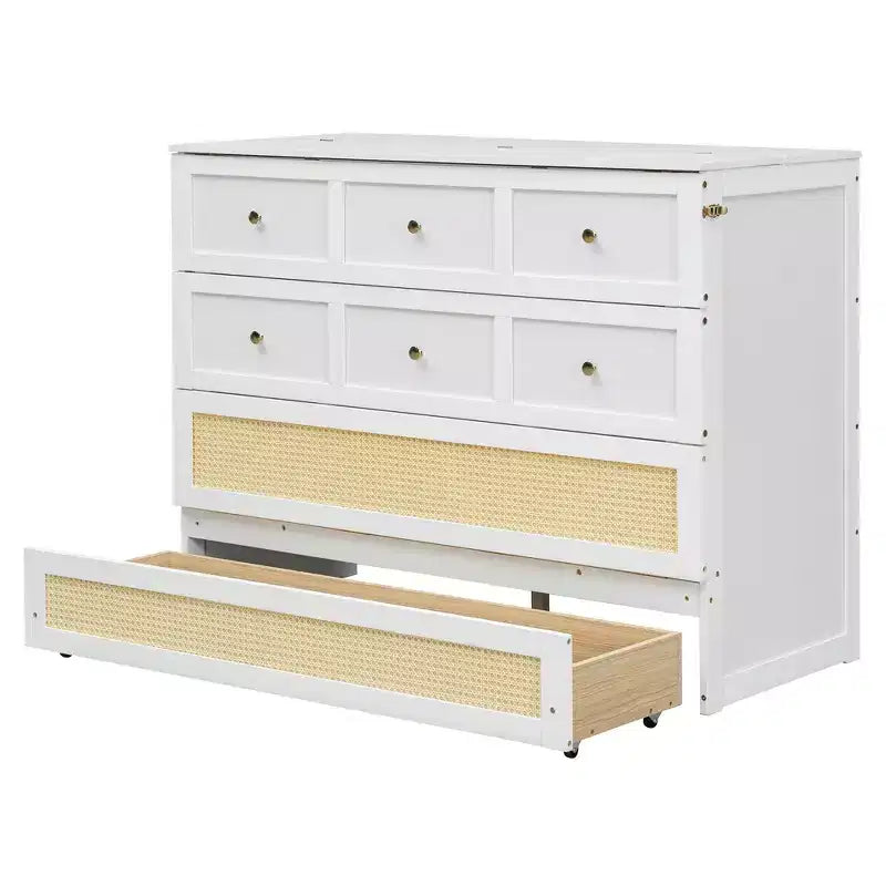Full Murphy Bed Cabinet Bed, Full Size Murphy Bed with Storage Drawers, Wood Full Wall Bed Rattan Chest Murphy Bed Frame