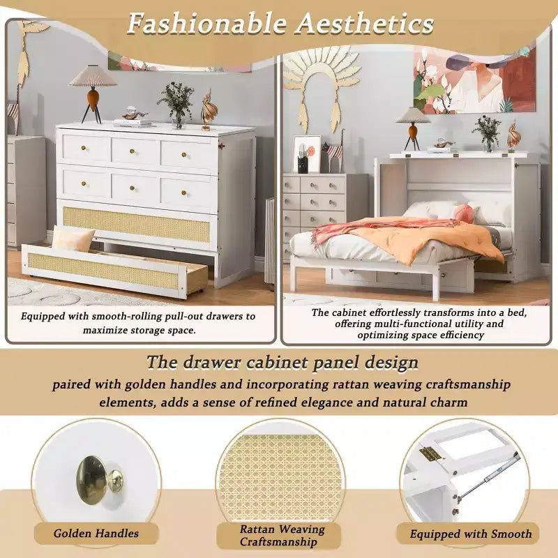Full Murphy Bed Cabinet Bed, Full Size Murphy Bed with Storage Drawers, Wood Full Wall Bed Rattan Chest Murphy Bed Frame