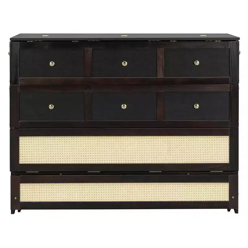Full Murphy Bed Cabinet Bed, Full Size Murphy Bed with Storage Drawers, Wood Full Wall Bed Rattan Chest Murphy Bed Frame