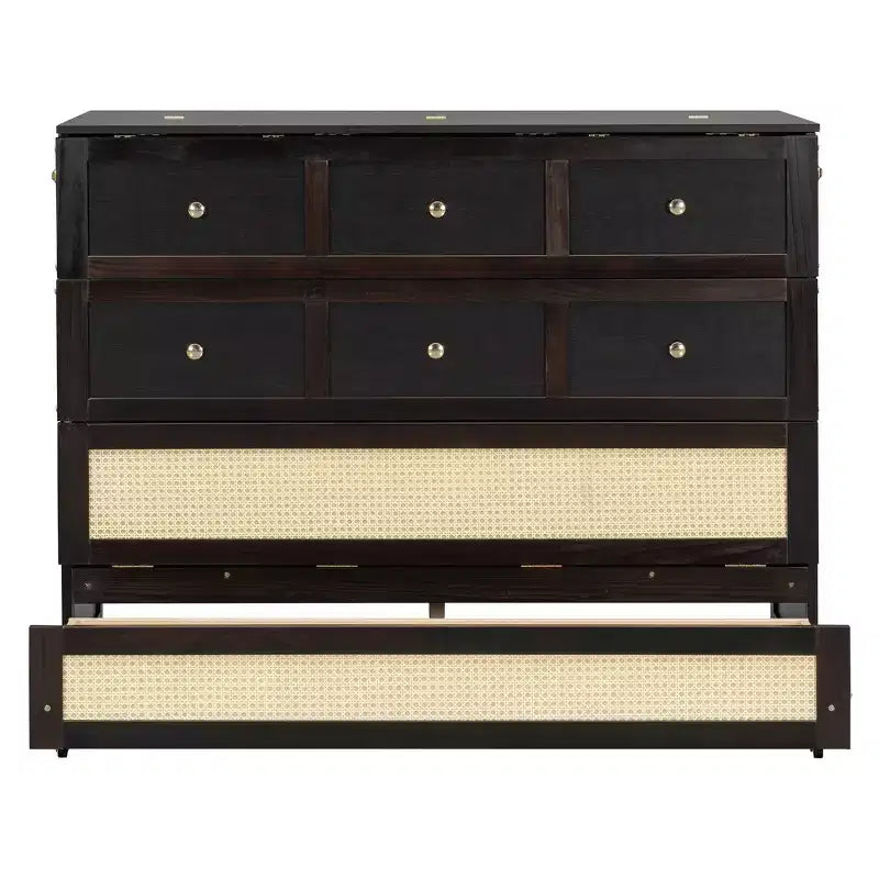 Full Murphy Bed Cabinet Bed, Full Size Murphy Bed with Storage Drawers, Wood Full Wall Bed Rattan Chest Murphy Bed Frame